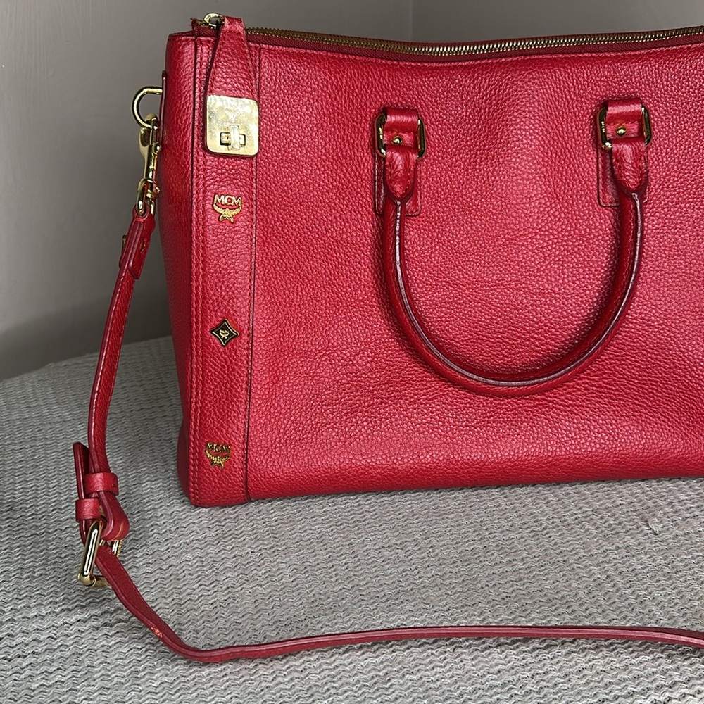 MCM Large Red Leather Studded Crossbody Tote Bag - Picture 2 of 15